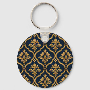Elegant goud en marineblauw damast vintage motief sleutelhanger