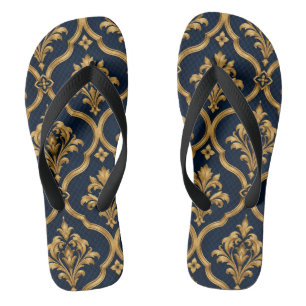 Elegant goud en marineblauw damast vintage motief teenslippers