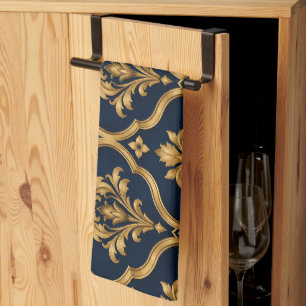 Elegant goud en marineblauw damast vintage motief theedoek