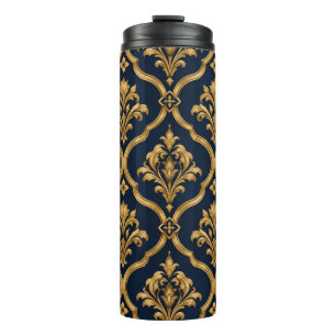Elegant goud en marineblauw damast vintage motief thermosbeker