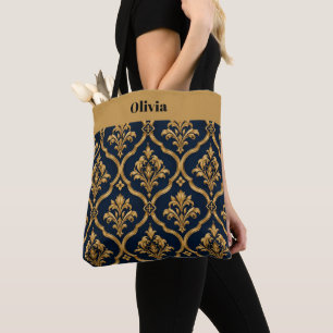 Elegant goud en marineblauw damast vintage motief tote bag