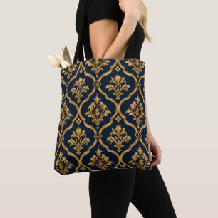 Elegant goud en marineblauw damast vintage motief tote bag