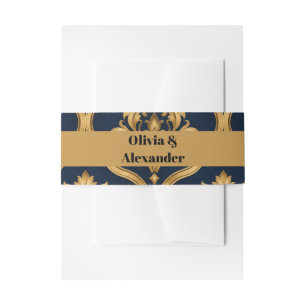 Elegant goud en marineblauw damast vintage motief uitnodigingen wikkel