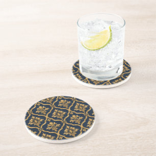 Elegant goud en marineblauw damast vintage motief zandsteen onderzetter