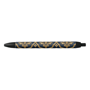 Elegant goud en marineblauw damast vintage motief zwarte inkt pen