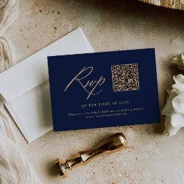 Elegant Goud en Navy Kalligrafie Bruiloft QR-code RSVP Kaartje