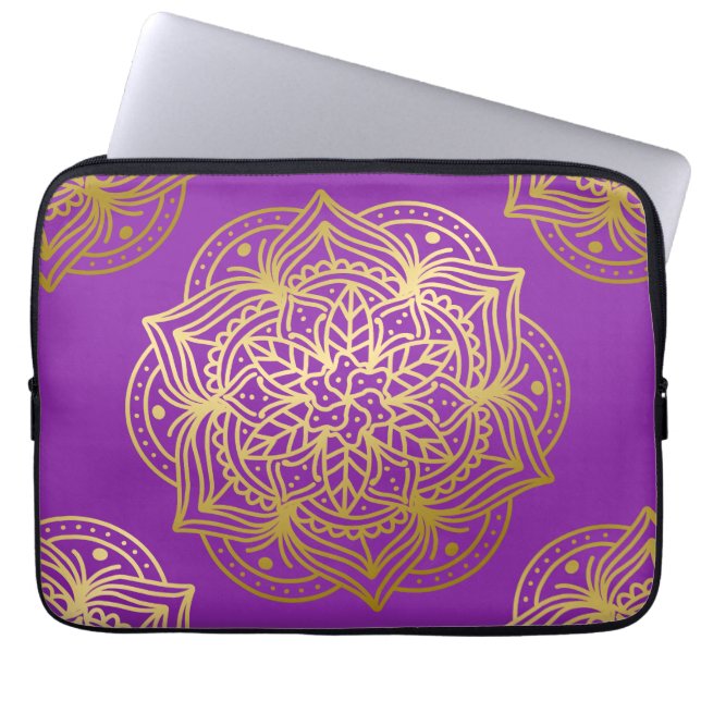 Elegant goud en paars mandala patroon laptop sleeve (Voorkant)