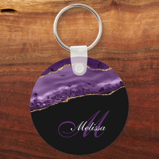 elegant goud- en paarse-agaatmonogram sleutelhanger (Voorkant)