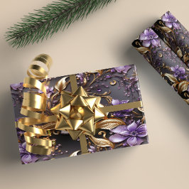 Elegant Goud en Paarse Botanische bloemenkerst Cadeaupapier