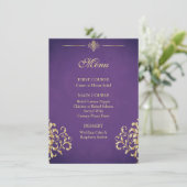 Elegant Goud en Paarse Damask Bruiloft Menu (Staand voorkant)