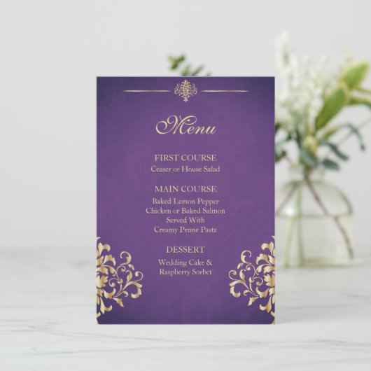 Elegant Goud en Paarse Damask Bruiloft Menu (Staand voorkant)