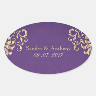 Elegant Goud en Paarse Damask Bruiloft Stickers