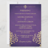 Elegant Goud en Paarse Damask Bruiloft Uitnodiging (Voorkant)