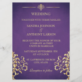 Elegant Goud en Paarse Damask Bruiloft Uitnodiging