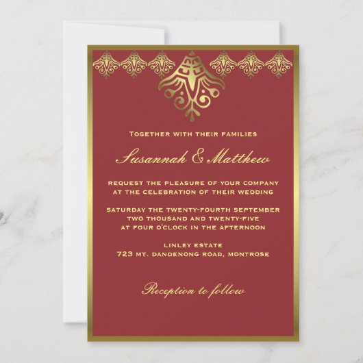 Elegant Goud en Rood Bruiloft Kaart (Voorkant)