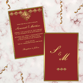 Elegant Goud en Rood Bruiloft Kaart