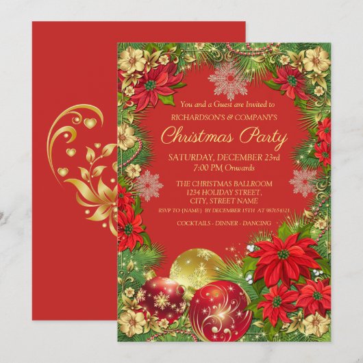 Elegant Goud en Rood Corporate Kerstfeest Kaart (Voorkant / Achterkant)