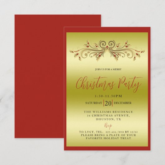 Elegant goud en rood decoratief kerstfeest kaart (Voorkant / Achterkant)