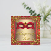 Elegant goud en rood gemaskerd bal kaart (Staand voorkant)