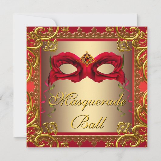 Elegant goud en rood gemaskerd bal kaart (Voorkant)