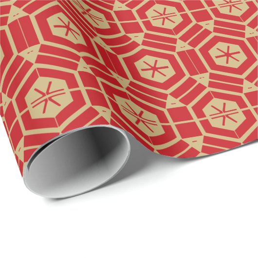 Elegant goud en rood geometrisch zeshoekig patroon cadeaupapier (Rol Hoek)
