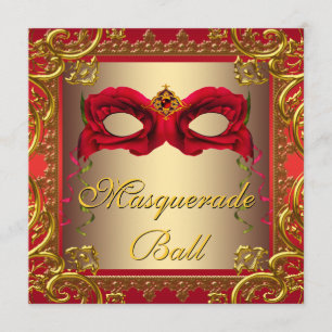 Elegant Goud en Rood Maskeradefeest Kaart