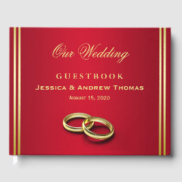 Elegant goud en rood, trouwringen bruiloft gastenboek
