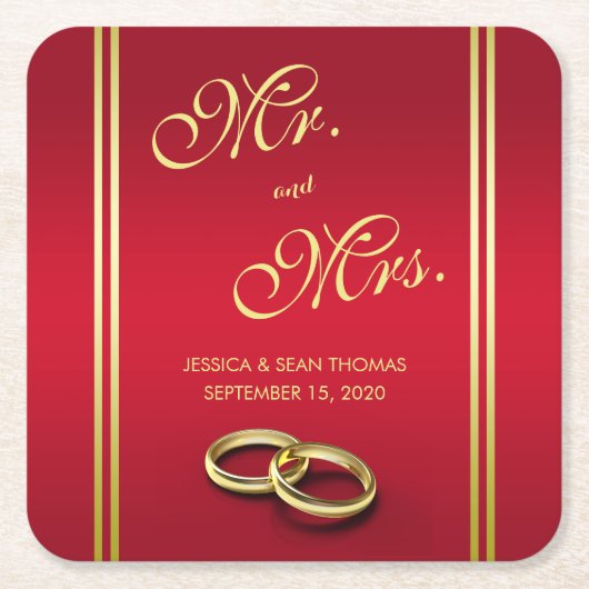 Elegant goud en rood, trouwringen bruiloft kartonnen onderzetters (Voorkant)