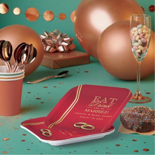 Elegant goud en rood, trouwringen bruiloft papieren bordje (Multi)
