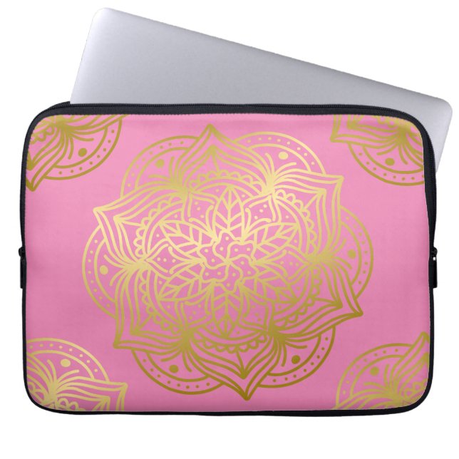 Elegant goud en roze Mandala Patroon Laptop Sleeve (Voorkant)