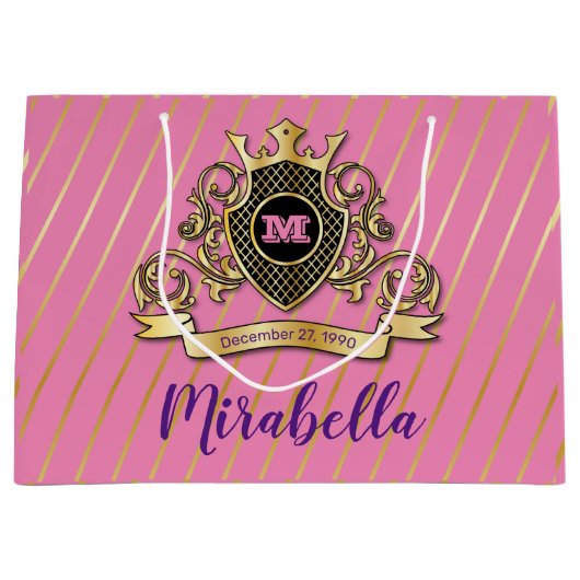 Elegant Goud en Roze Monogram Ontwerp Groot Cadeauzakje (Voorkant)