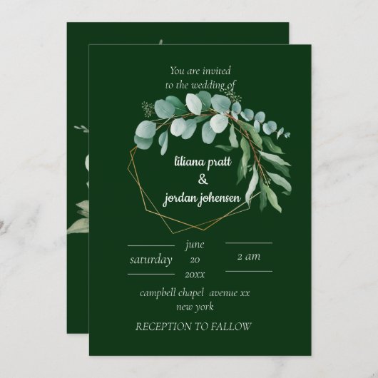 Elegant goud en smaragdgroene Eucalyptusbruiloft Kaart (Voorkant / Achterkant)