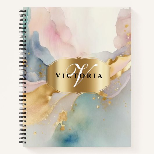 Elegant Goud en Waterverf Pastel Monogram Naam Notitieboek (Voorkant)