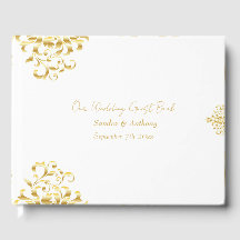 Elegant Goud en Wit Damast Trouwgastenboek
