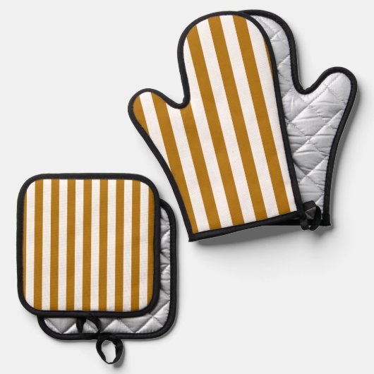 Elegant Goud en Wit Gestreept Patroon Ovenwant & Pannenlap Set (Voorkant / Achterkant)