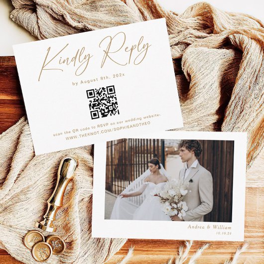 Elegant Goud en Wit Huwelijk RSVP Qr Code Informatiekaartje