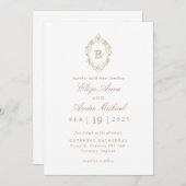Elegant Goud en Wit Monogram Crest Bruiloft Kaart (Voorkant / Achterkant)
