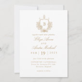 Elegant Goud en Wit Monogram Crest Bruiloft Kaart (Voorkant)