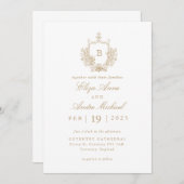 Elegant Goud en Wit Monogram Crest Bruiloft Kaart (Voorkant / Achterkant)