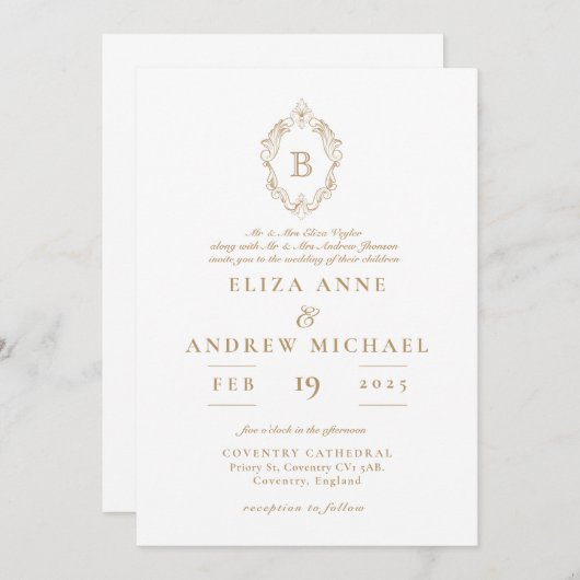 Elegant Goud en Wit Monogram Crest Bruiloft Kaart (Voorkant / Achterkant)