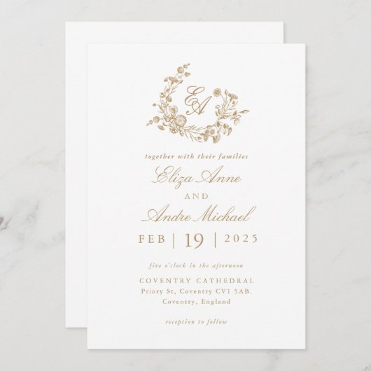 Elegant Goud en Wit Monogram Crest Bruiloft Kaart (Voorkant / Achterkant)