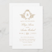 Elegant Goud en Wit Monogram Crest Bruiloft Kaart (Voorkant / Achterkant)