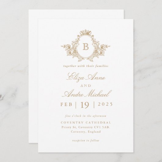 Elegant Goud en Wit Monogram Crest Bruiloft Kaart (Voorkant / Achterkant)