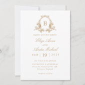Elegant Goud en Wit Monogram Crest Bruiloft Kaart (Voorkant)