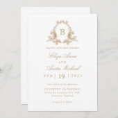 Elegant Goud en Wit Monogram Crest Bruiloft Kaart (Voorkant / Achterkant)