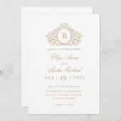 Elegant Goud en Wit Monogram Crest Bruiloft Kaart (Voorkant / Achterkant)