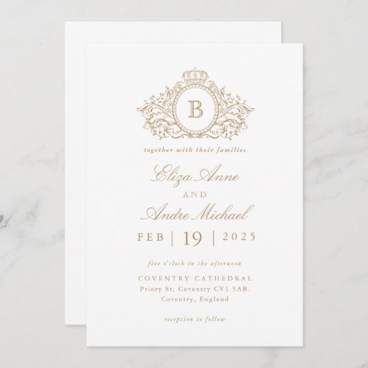 Elegant Goud en Wit Monogram Crest Bruiloft Kaart (Voorkant / Achterkant)