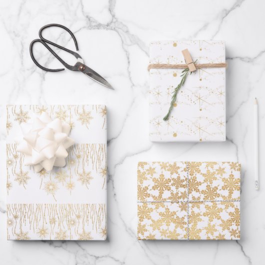 Elegant Goud en Wit Sneeuwvlokken Kerstmis Inpakpapier Vel (Voorkant)