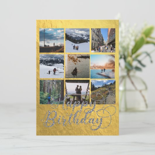 Elegant Goud en Zilver Nine Foto Verjaardag Kaart (Staand voorkant)