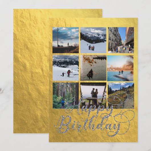 Elegant Goud en Zilver Nine Foto Verjaardag Kaart (Voorkant / Achterkant)